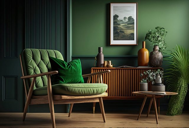 modern mid century green living room with wooden armchair genera