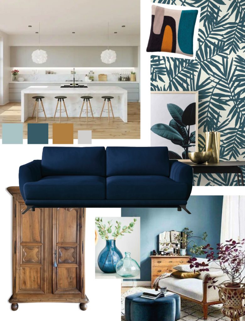 Planche déco pièce de vie bleu